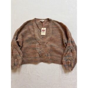 Entro USA Long Sleeve Braids Sweater Cable Knit Soft Cropped Peach Light Pink